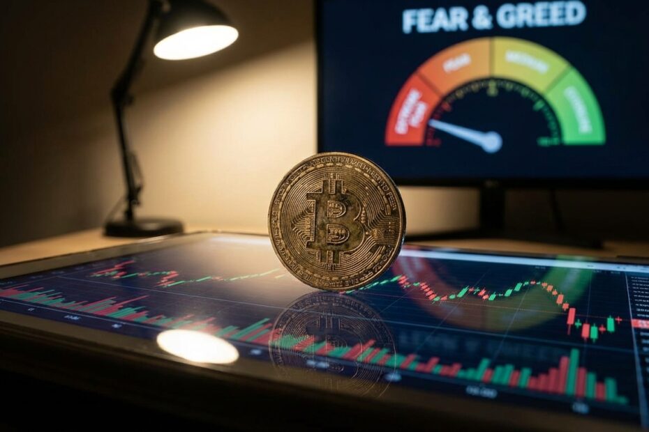 Bitcoin físico sobre gráfico financeiro indicando volatilidade e medo extremo no mercado