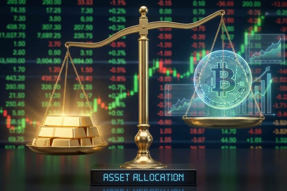 Balança financeira comparando o peso do ouro físico contra o Bitcoin digital em um cenário de mercado de ações