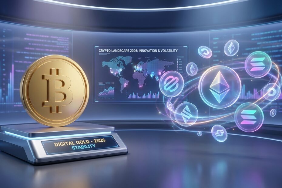 Balança digital futurista comparando o peso e estabilidade do Bitcoin com a variedade e volatilidade das altcoins em 2026.