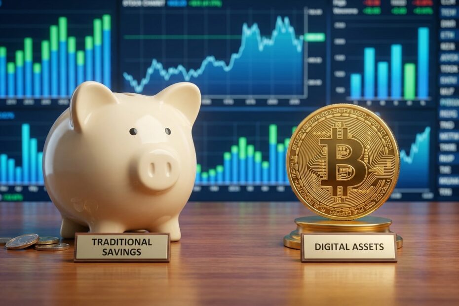 Comparativo visual entre um porquinho da poupança e uma moeda de Bitcoin com gráficos financeiros ao fundo.