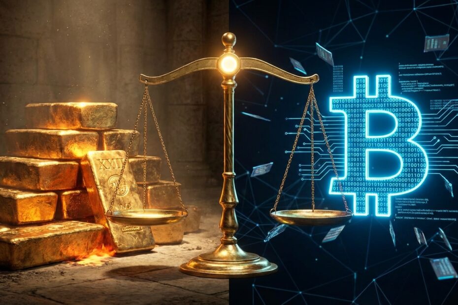 Ilustração dividida comparando barras de ouro físico à esquerda com um Bitcoin digital feito de códigos à direita, equilibrados em uma balança.