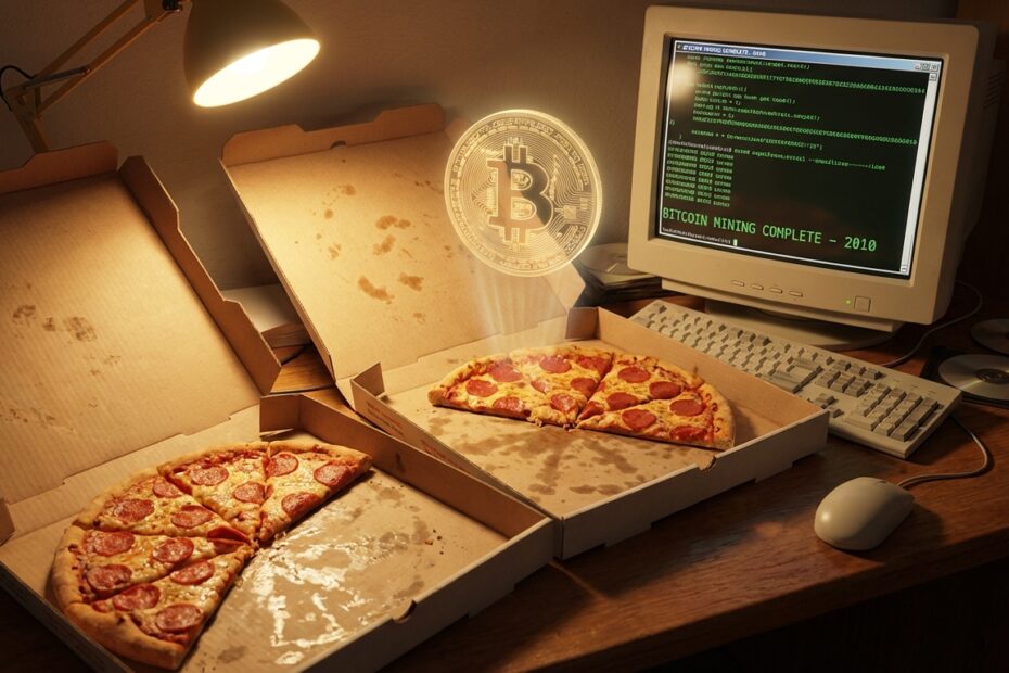 Duas pizzas de pepperoni em caixas de papelão ao lado de um monitor antigo com código e um símbolo do Bitcoin flutuando.