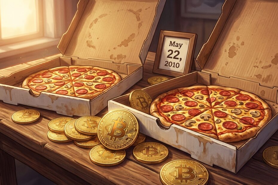 Ilustração representativa do Bitcoin Pizza Day com duas pizzas e moedas de bitcoin