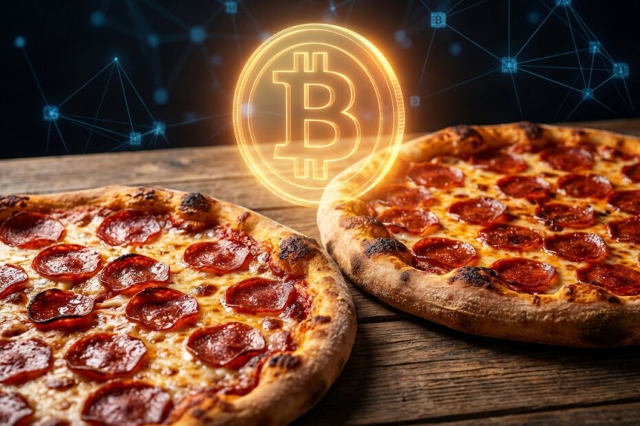Ilustração representando a troca de 10.000 bitcoins por duas pizzas, simbolizando a tecnologia blockchain.