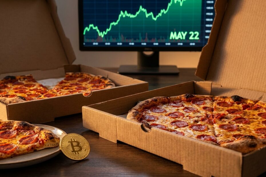 Duas pizzas de pepperoni em caixas abertas com uma moeda de Bitcoin dourada ao lado, simbolizando a primeira transação comercial de criptomoedas.