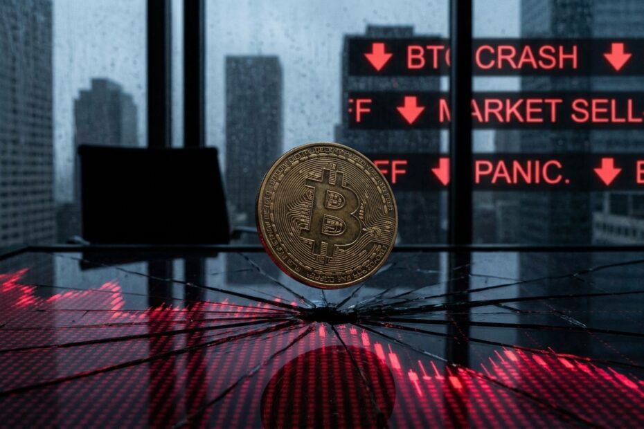 Representação visual da queda do Bitcoin com gráficos em vermelho e moeda caindo, simbolizando alerta de mercado.