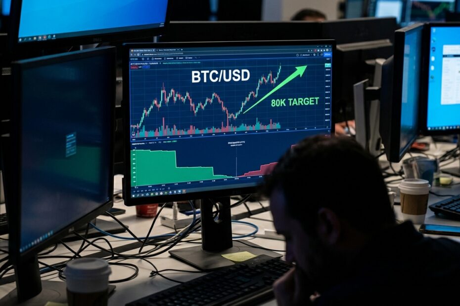 Monitor exibindo gráfico de Bitcoin e livro de ordens com forte pressão de compra