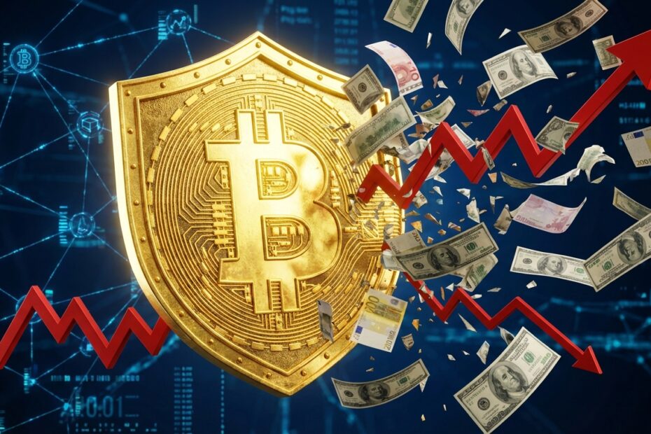 Bitcoin dourado servindo como escudo contra gráficos de inflação em alta e desvalorização cambial