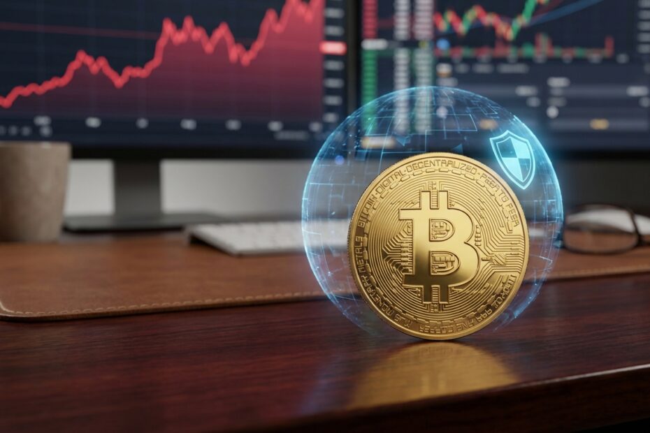 Bitcoin dourado em destaque com gráficos de inflação ao fundo e escudo digital de proteção