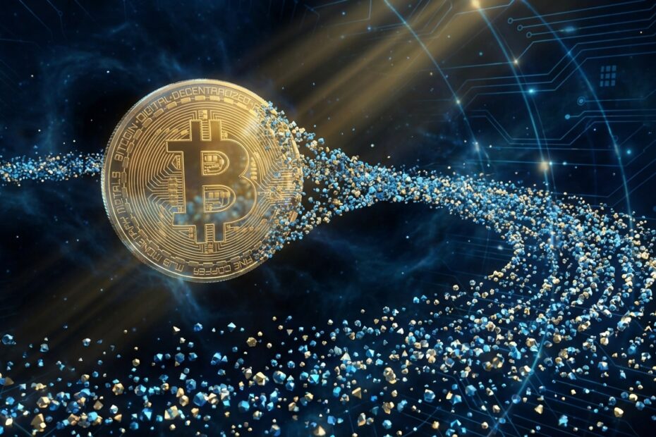 Ilustração digital de um Bitcoin se dividindo em milhões de partículas luminosas representando satoshis