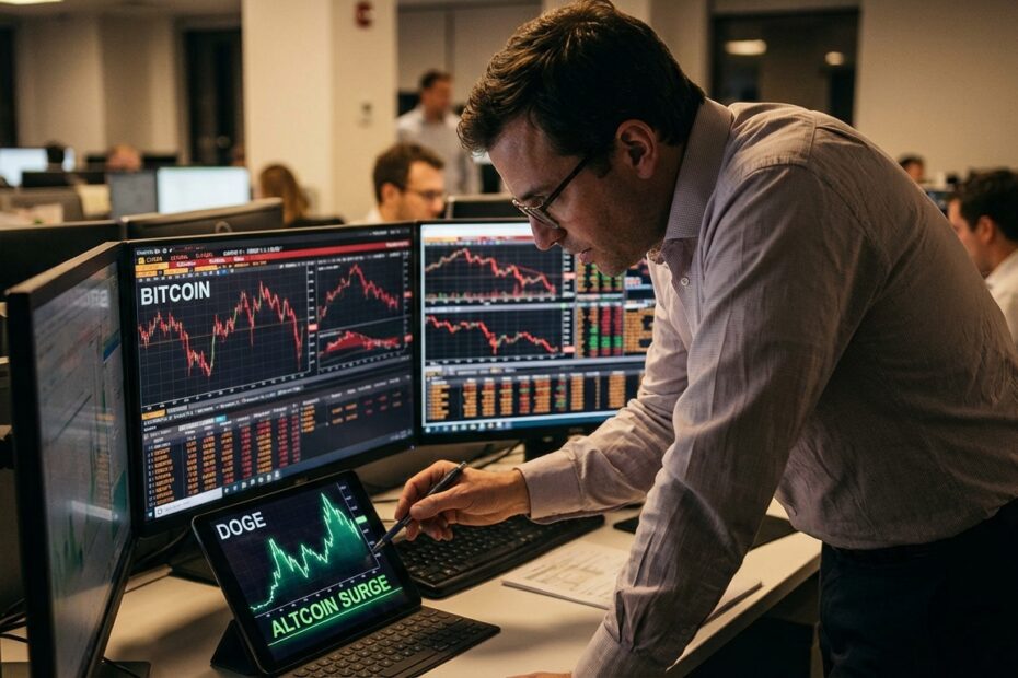 Gráficos de bitcoin em queda em monitores de mercado financeiro