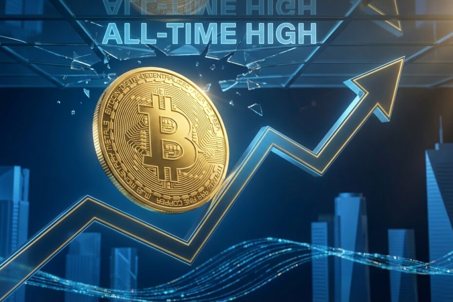 Ilustração do Bitcoin em alta superando gráficos financeiros e representando o interesse institucional.