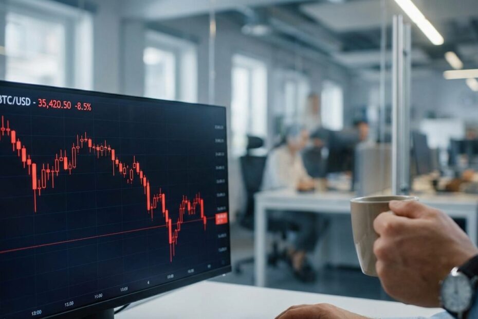 Gráfico de negociação mostrando queda no valor do Bitcoin em tela de monitor
