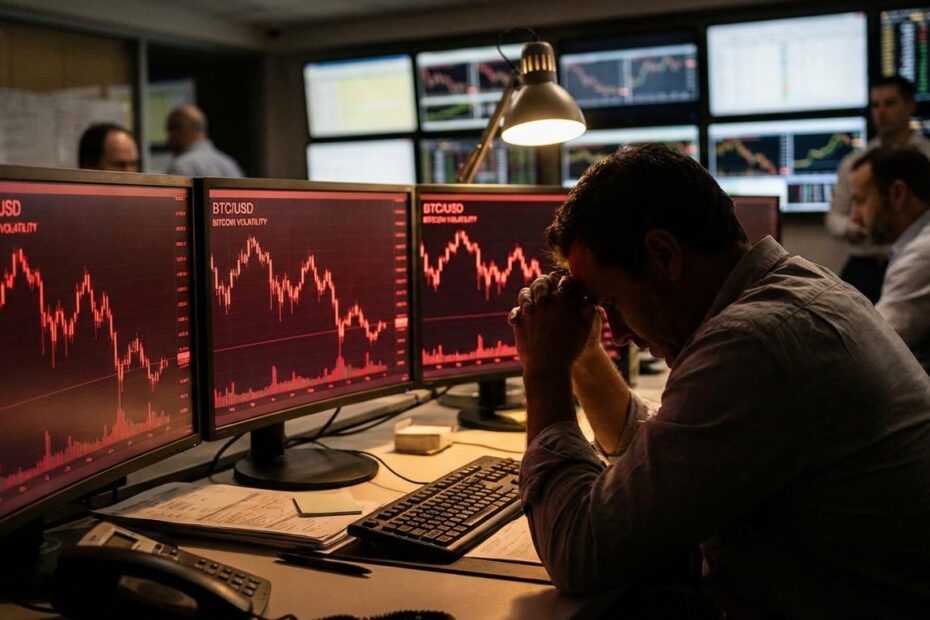 Gráficos de trading mostrando oscilação no preço do Bitcoin em telas de computador