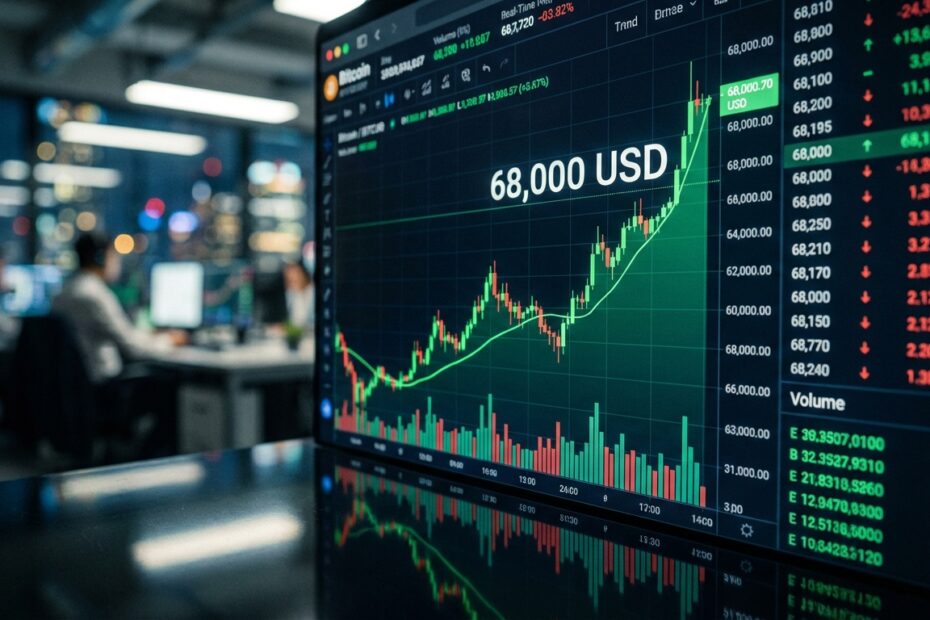 Gráfico de negociação do Bitcoin mostrando tendência de alta em tela digital