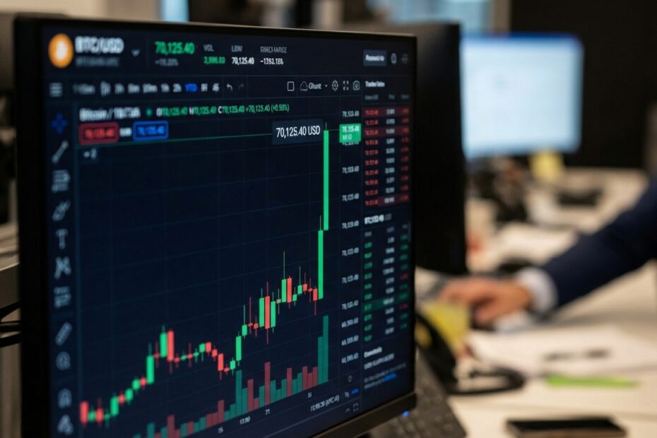 Gráfico de negociação do Bitcoin mostrando recuperação de preço no monitor