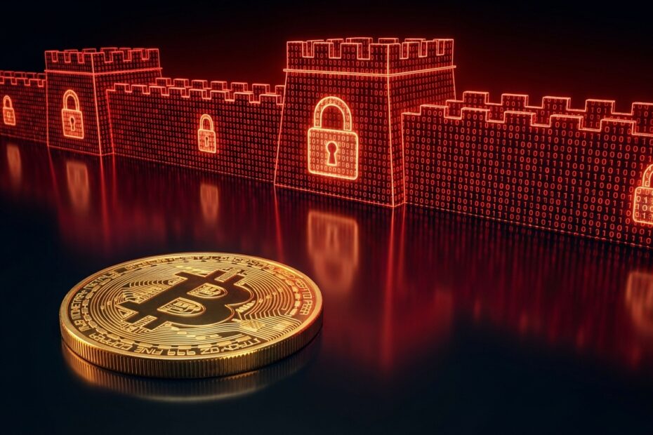 Moeda Bitcoin à frente de uma muralha digital vermelha representando as restrições da China.