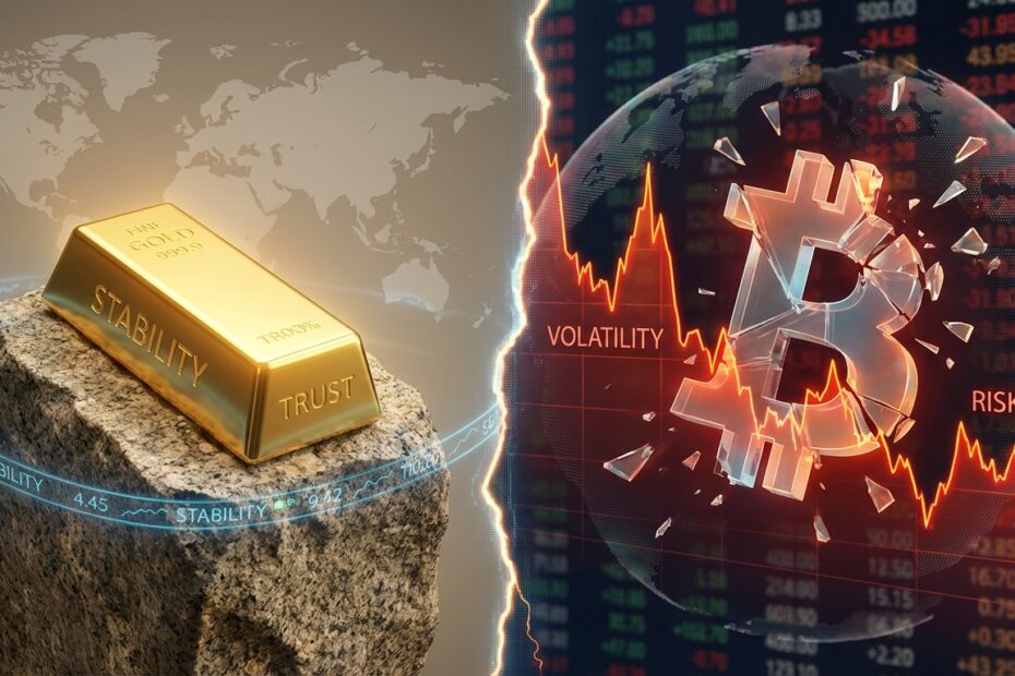 Comparação gráfica entre a estabilidade do ouro e a volatilidade do Bitcoin em cenário de crise econômica