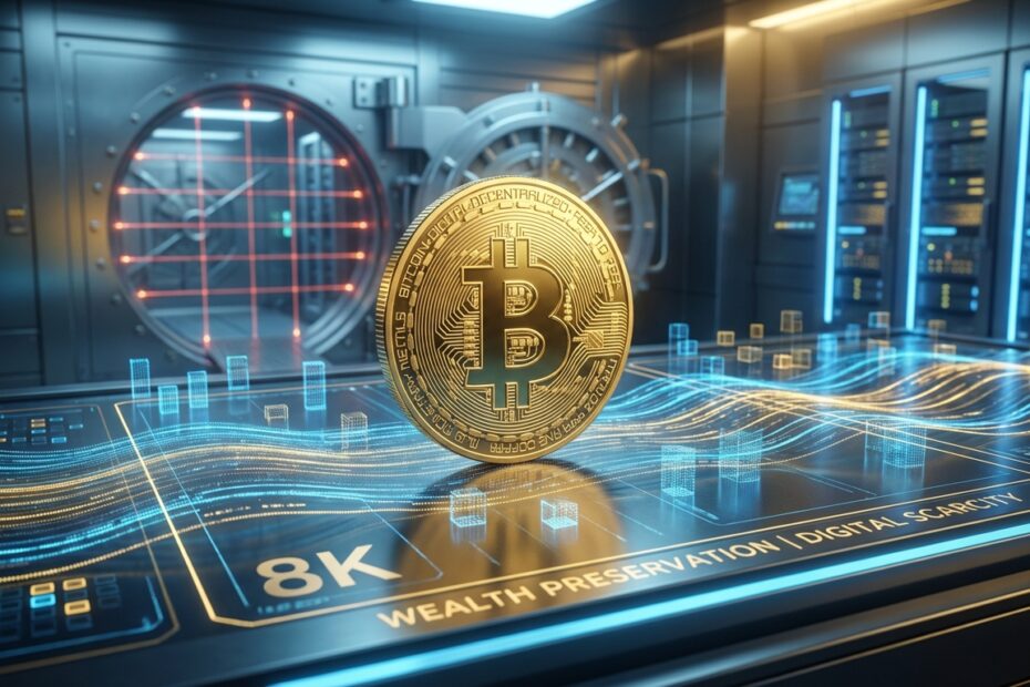 Moeda Bitcoin dourada representando reserva de valor digital sobre fundo tecnológico seguro