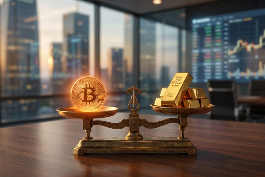 Balança equilibrando uma moeda de Bitcoin e barras de ouro, ilustrando o conceito de reserva de valor digital.