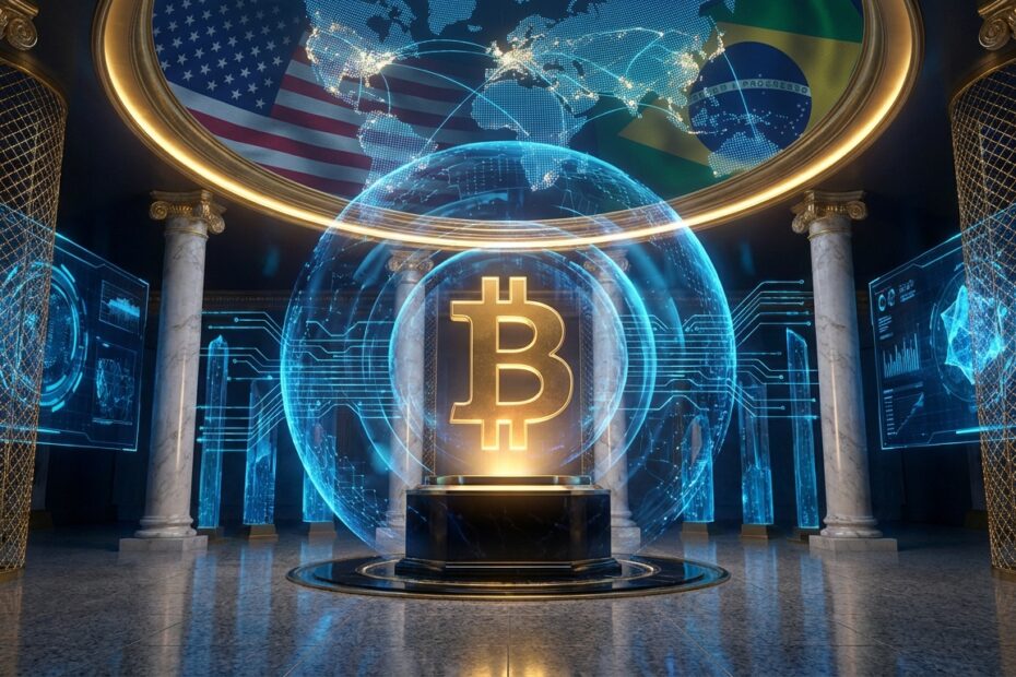 Ilustração 3D de um cofre governamental moderno guardando um Bitcoin brilhante como reserva estratégica.