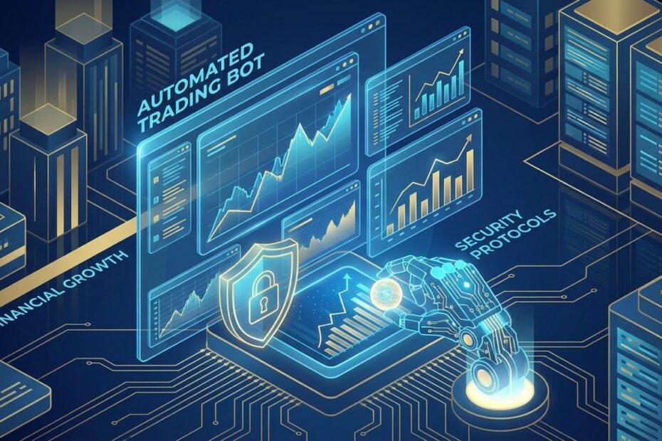 Interface digital da Bitcoin Revolution com gráficos de trading e ícone de segurança