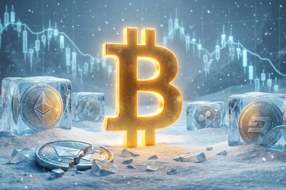 Ilustração 3D de um Bitcoin dourado e sólido em meio a um cenário de gelo e neve, representando a resistência durante o inverno cripto, com outras moedas menores congeladas.