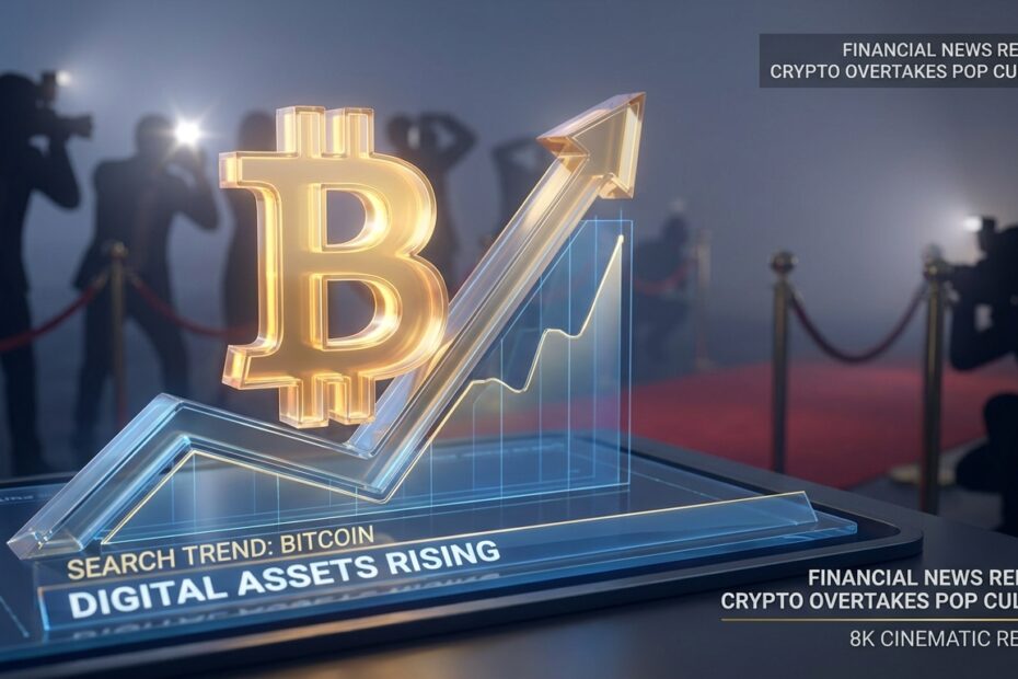 Gráfico 3D mostrando o volume de buscas por Bitcoin superando a popularidade de celebridades.