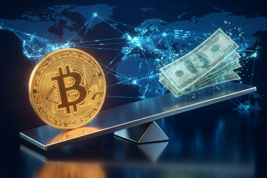 Ilustração 3D de um Bitcoin dourado pesando mais que notas de dólar em uma balança digital com mapa global ao fundo.