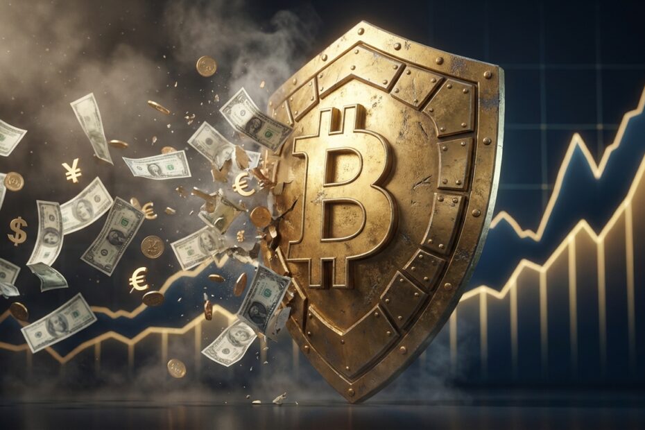 Ilustração de uma moeda Bitcoin dourada servindo como escudo contra a desvalorização de moedas fiduciárias.