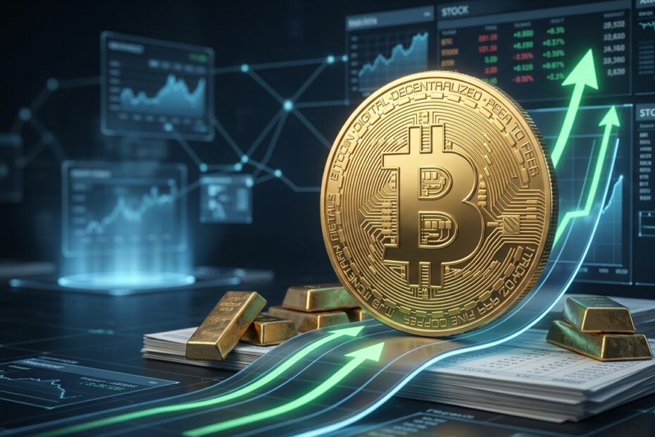 Bitcoin dourado em destaque superando pilhas de ouro e ações com gráfico de alta ao fundo