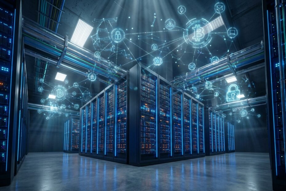 Data center de mineração de Bitcoin moderno ilustrando o recorde de hashrate e segurança da rede