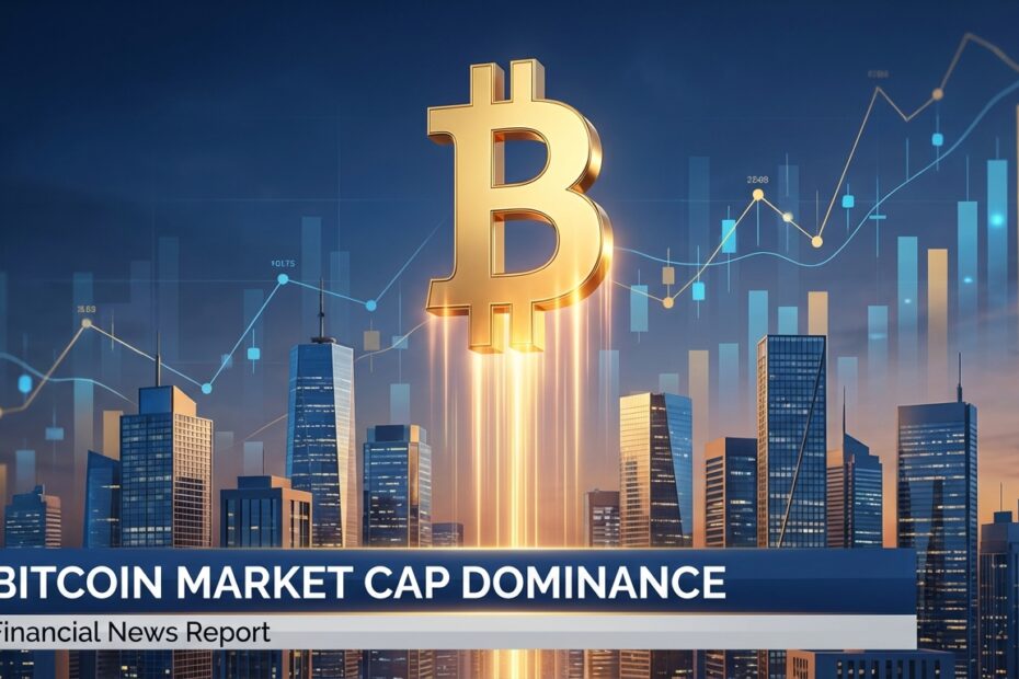 Ilustração do Bitcoin superando o valor de mercado de corporações globais em cenário urbano financeiro.