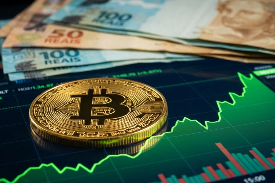 Gráfico financeiro demonstrando a valorização do Bitcoin frente ao Real Brasileiro