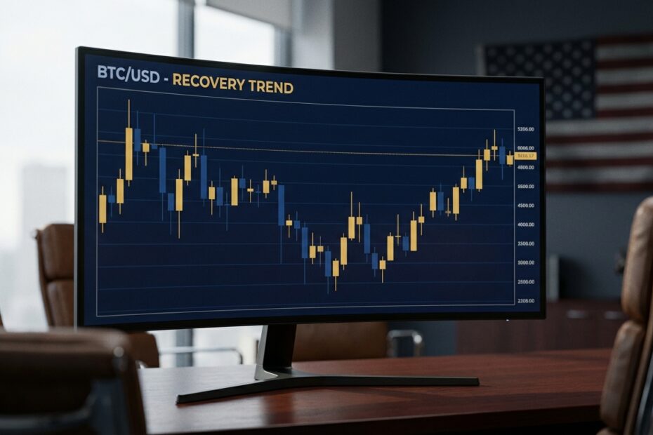 Gráfico de cotação do Bitcoin em monitor com fundo desfocado sugerindo ambiente financeiro