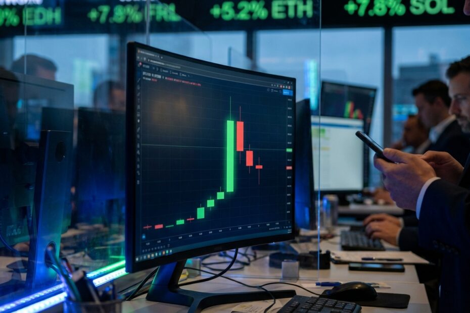 Gráfico de negociação do Bitcoin em monitor profissional mostrando volatilidade recente