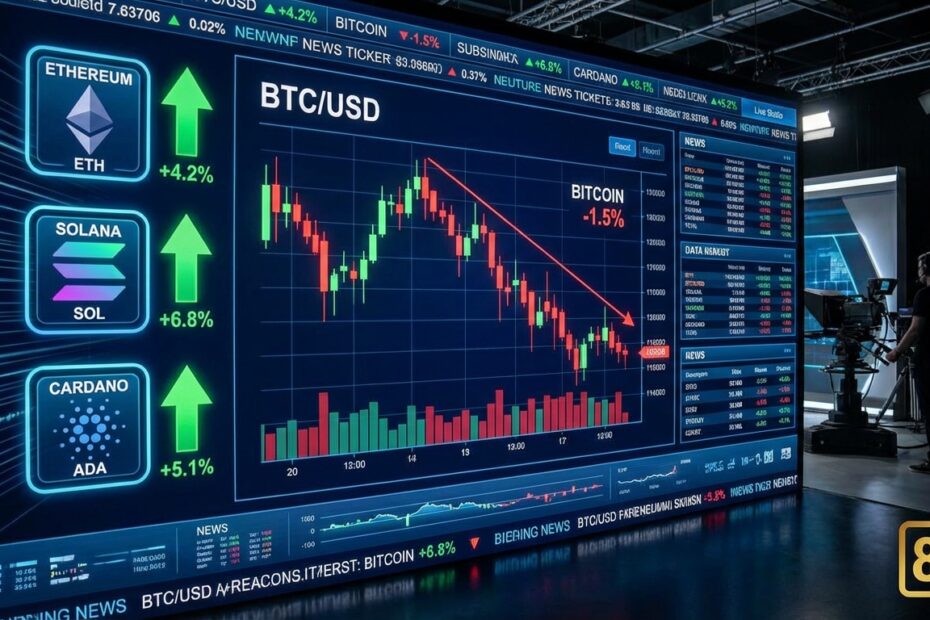 Gráficos financeiros mostrando altcoins subindo enquanto bitcoin recua