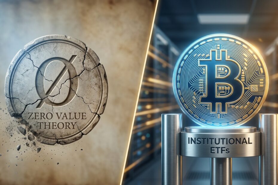 Ilustração comparativa entre a teoria do colapso do Bitcoin e a estrutura institucional dos ETFs