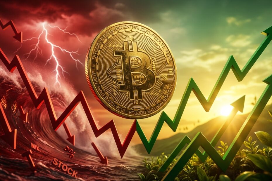 Gráfico financeiro do Bitcoin mostrando volatilidade e tendências de alta e baixa para 2026