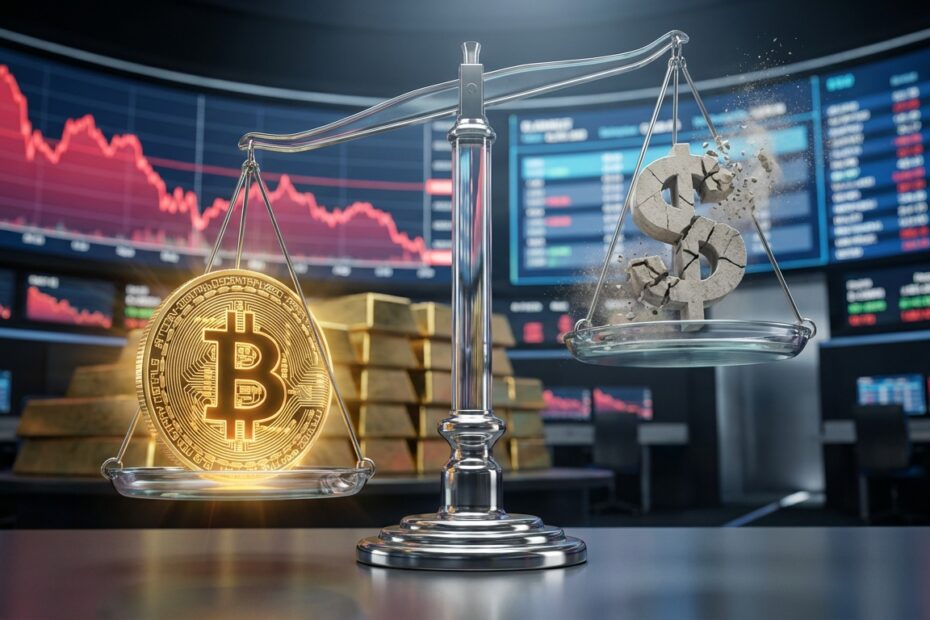 Balança financeira comparando o peso do Bitcoin e do Dólar em cenário de volatilidade em 2026