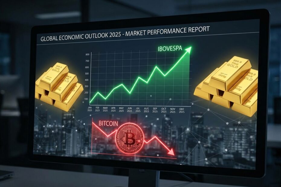 Gráfico de rendimentos 2025: Ouro e Ibovespa em alta, Bitcoin em queda