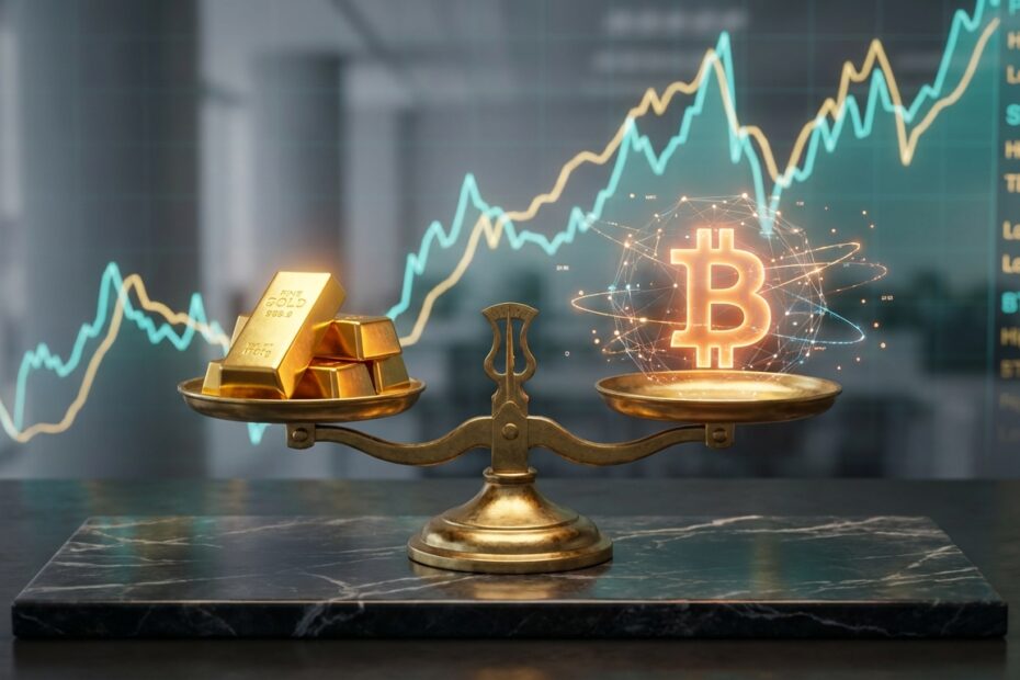 Balança antiga equilibrando barras de ouro e um holograma de Bitcoin simbolizando reserva de valor