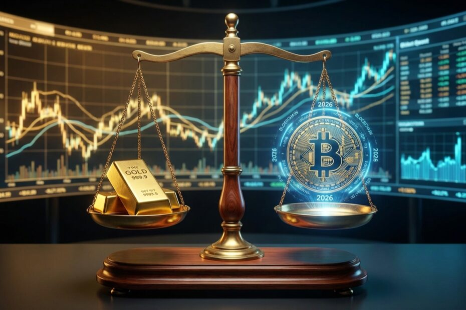 Balança comparativa entre uma barra de ouro físico e um holograma digital do Bitcoin