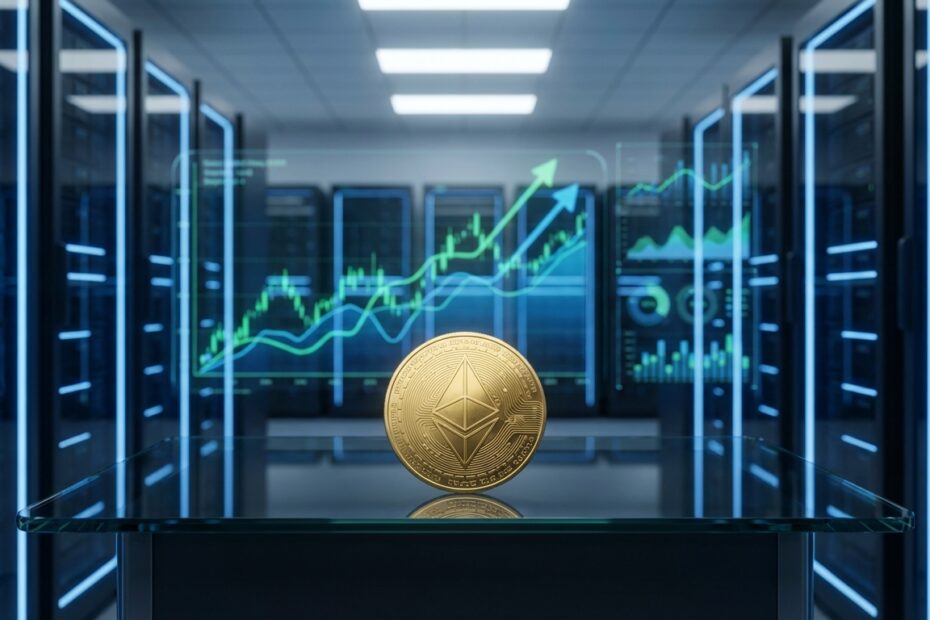 Representação física de Ethereum com gráficos financeiros de alta tecnologia ao fundo