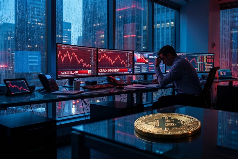 Gráficos de mercado em queda em escritório financeiro com moeda bitcoin em destaque