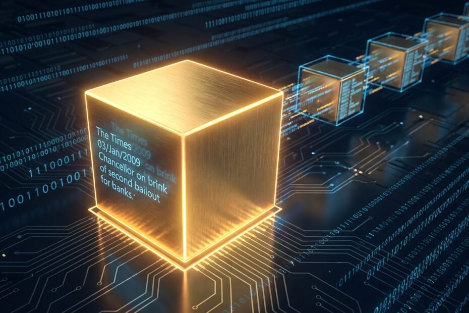 Ilustração do Bloco Gênese do Bitcoin com referência à data de criação e código.