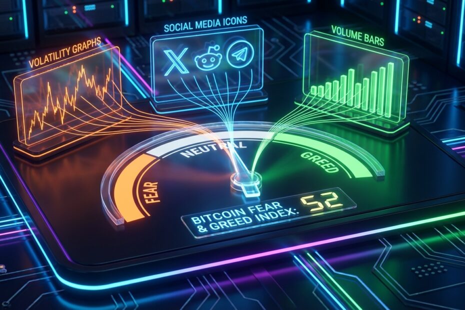 Gráfico do Índice de Medo e Ganância do Bitcoin mostrando componentes como volatilidade e volume