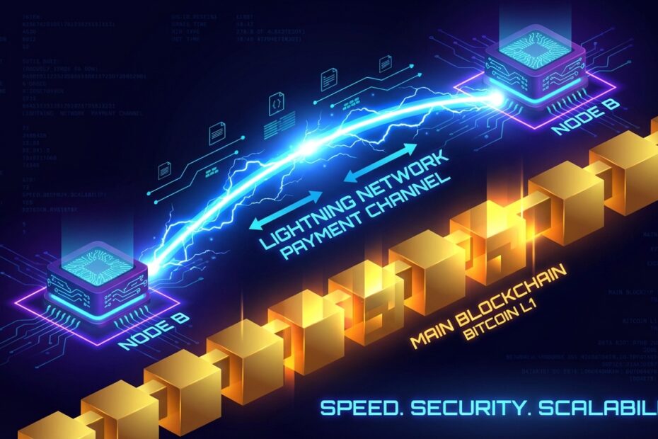 Ilustração de canais de pagamento bidirecionais na rede Lightning do Bitcoin