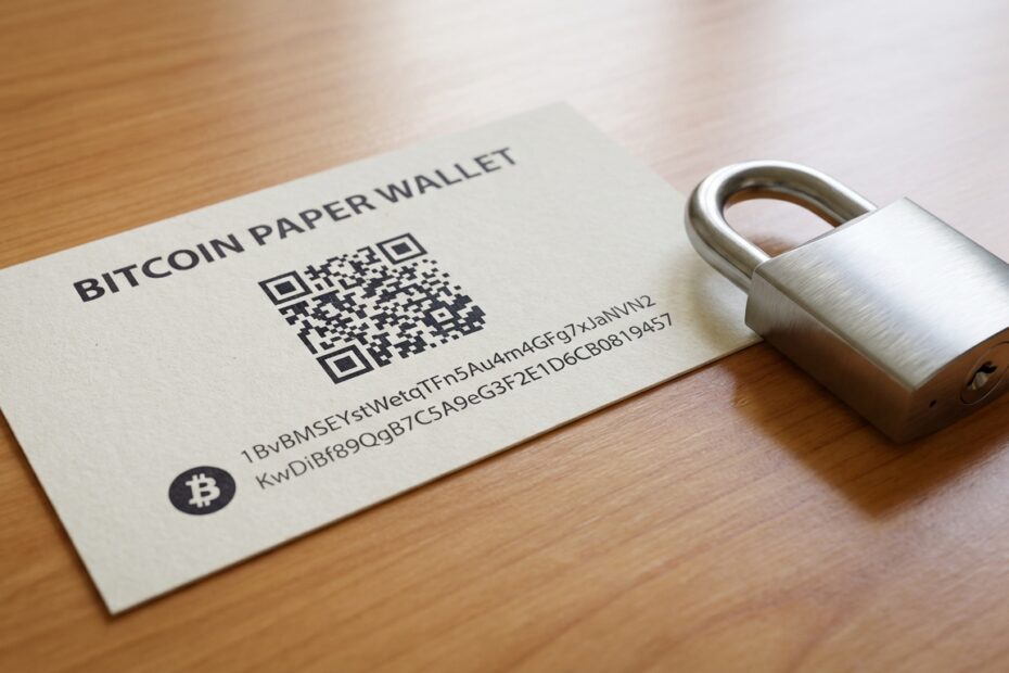 Carteira de papel para criptomoedas com código QR e chaves privadas ao lado de um cadeado