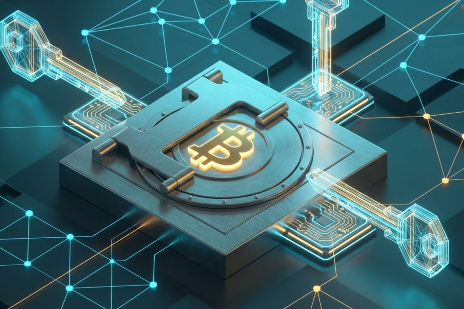 Cofre digital Bitcoin sendo desbloqueado por três chaves de segurança distintas representando carteira multisig